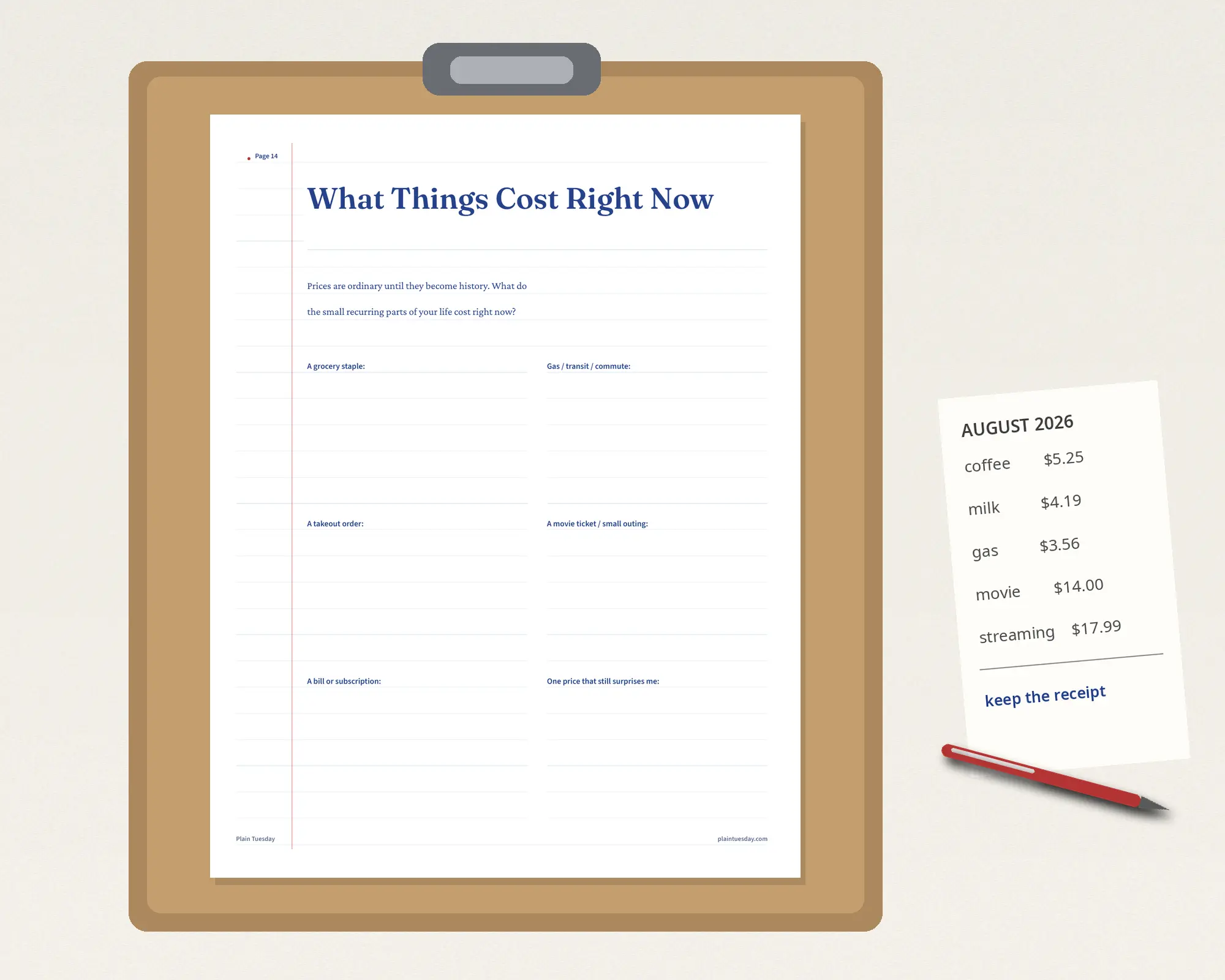 Before I Forget page titled What Things Cost Right Now clipped to a brown clipboard beside a small receipt and red pen.