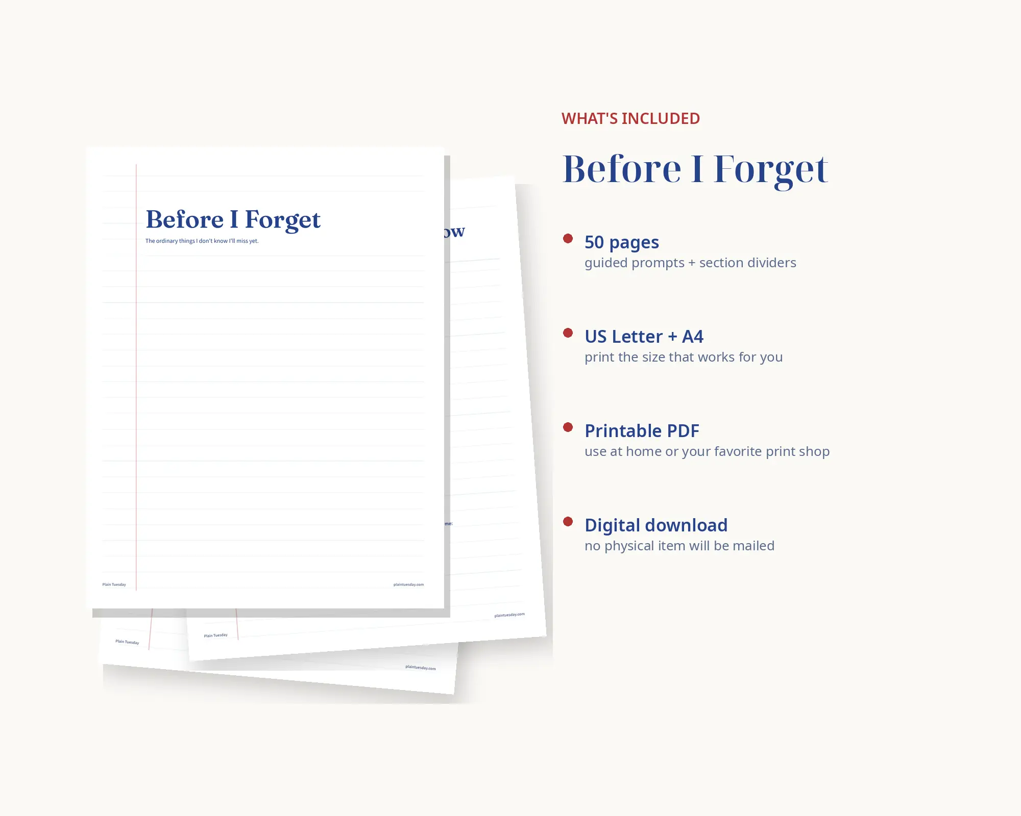 Product graphic showing a stack of Before I Forget pages and text listing 50 pages, US Letter and A4 files, printable PDF, and digital download.