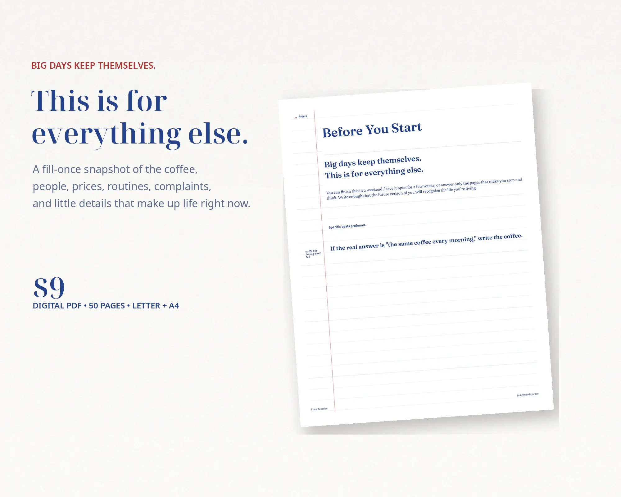 Product graphic showing the Before You Start page beside the words Big days keep themselves. This is for everything else, with the $9 price and digital PDF details.